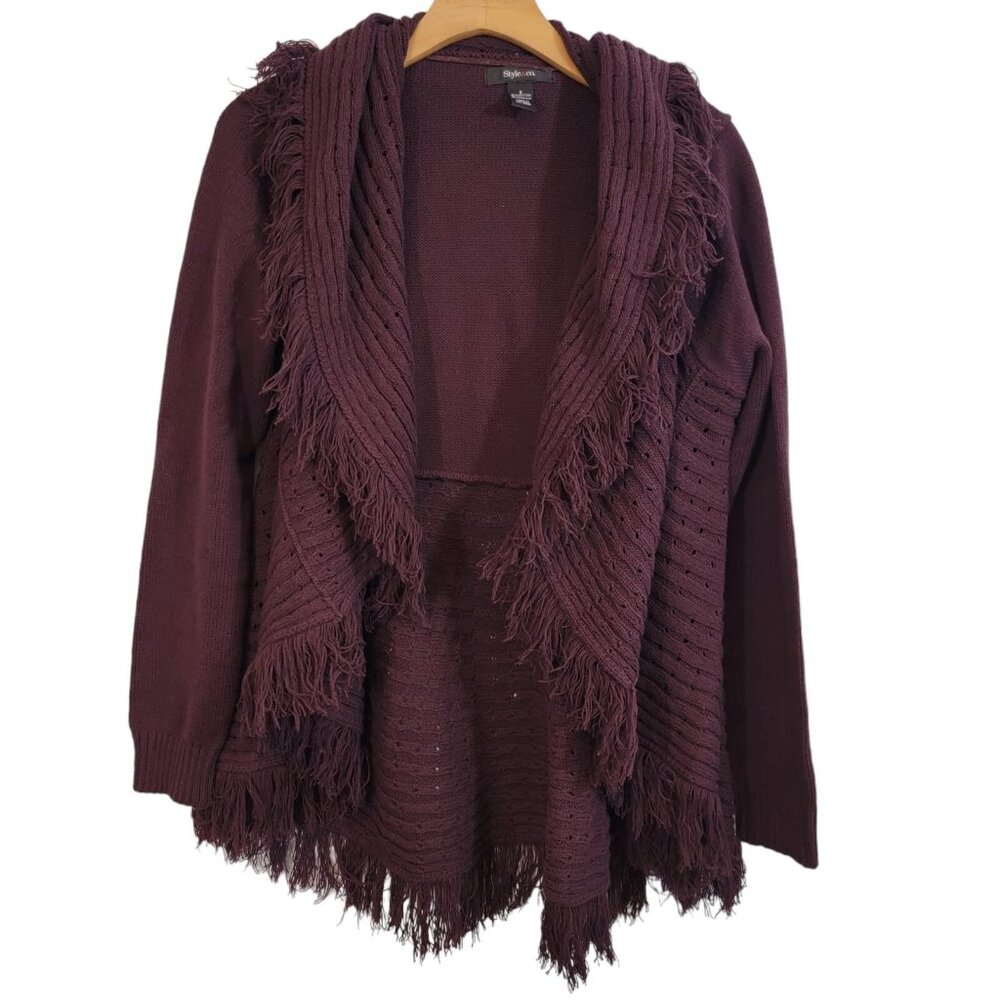 Style & Co. Poncho Cardigan Wine Color Fringe‎ Cotton Blend Womens Small EUC